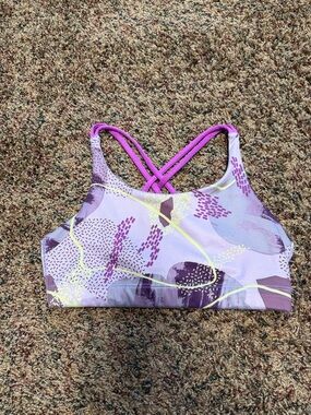 Athleta Lavender and Purple Patterned Sports Bra with Neon Yellow Accents